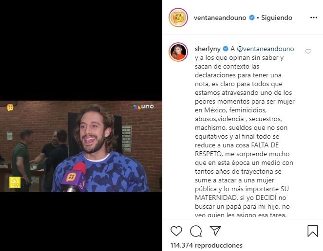 Captura de pantalla de la publicación de Sherlyn a 'Ventaneando' en su cuenta de Instagram. | Foto: Instagram / Sherlyny