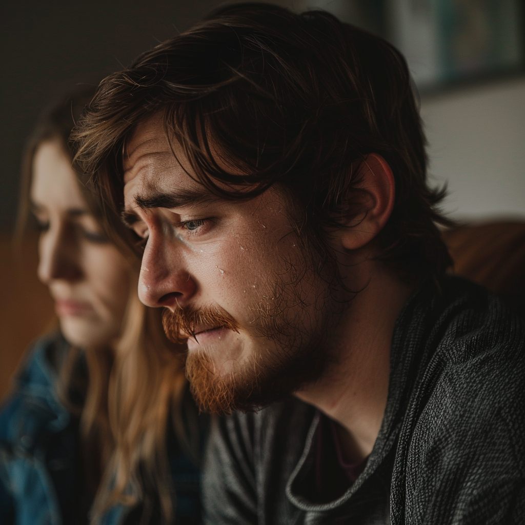 Un hombre llorando con su esposa sentada a su lado | Fuente: Midjourney