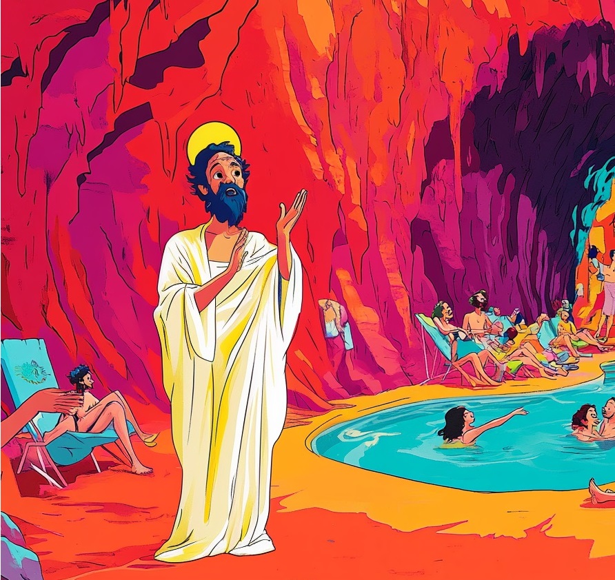 Una versión de dibujos animados de Dios en el Infierno con cara de confusión porque la gente se está divirtiendo en la piscina | Fuente: Midjourney