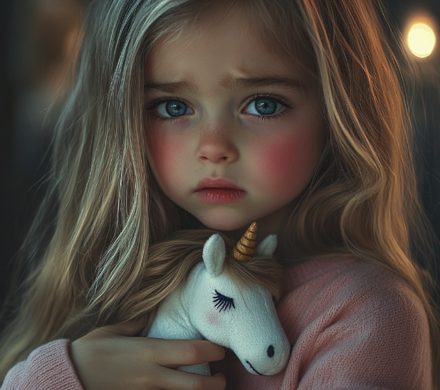 Una niña triste con un peluche de unicornio en la mano | Fuente: Midjourney