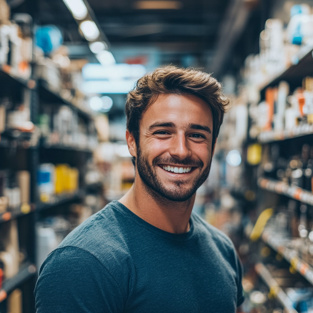 Un hombre sonriente en una ferretería | Fuente: Midjourney