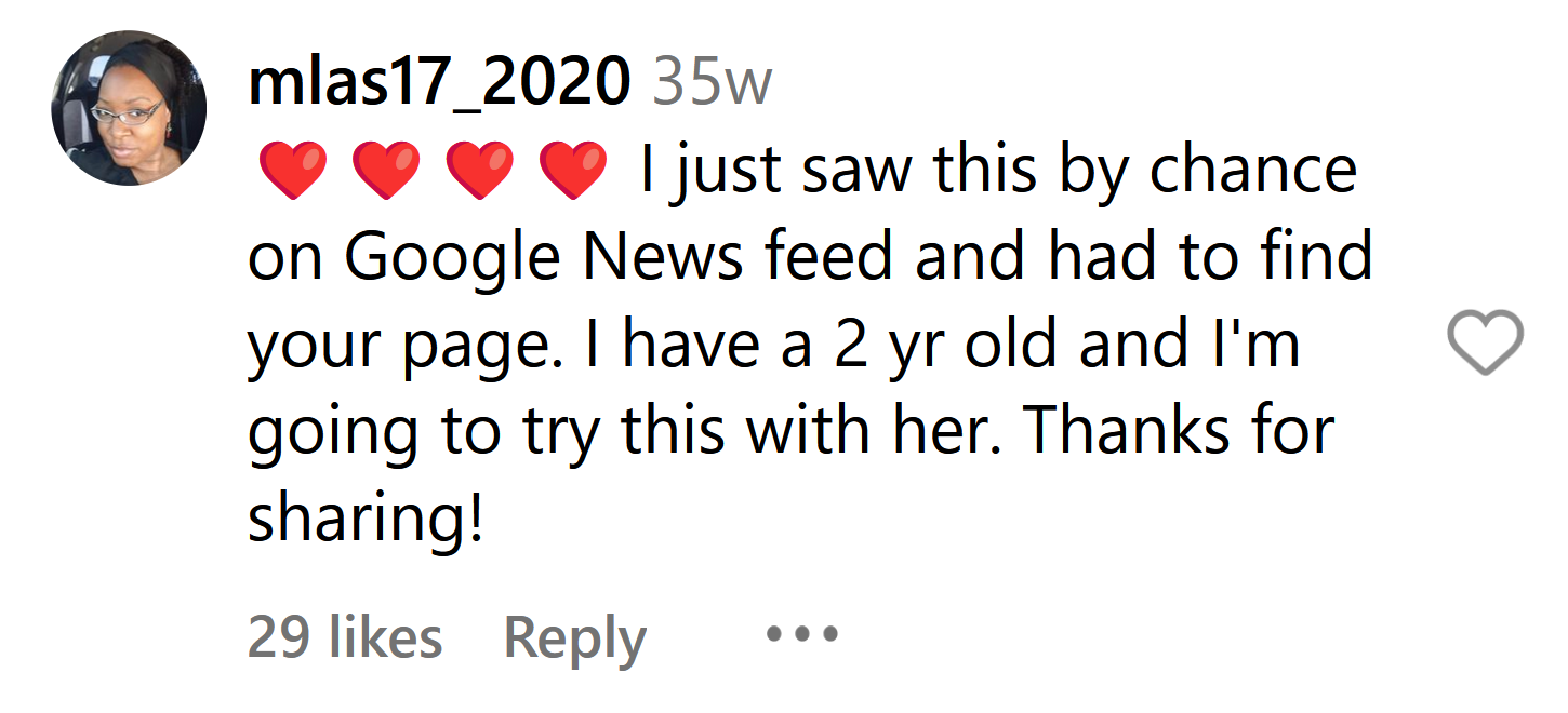 "Vi esto por casualidad en Google News y tuve que buscarte. Tengo una niña de 2 años e intentaré esto con ella. ¡Gracias por compartir!" | Madre da las gracias a Alivia por compartir su truco | Foto: Instagram.com/jusssliv