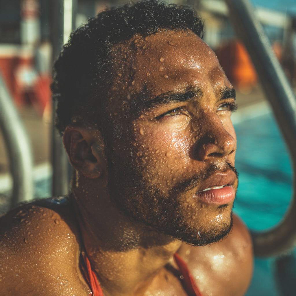 Un primo piano di un bagnino preoccupato e preoccupante | Fonte: Midjourney