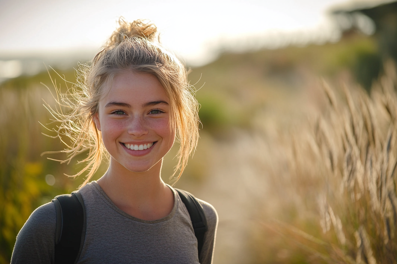 Una joven sonríe mientras camina por un sendero | Fuente: Midjourney