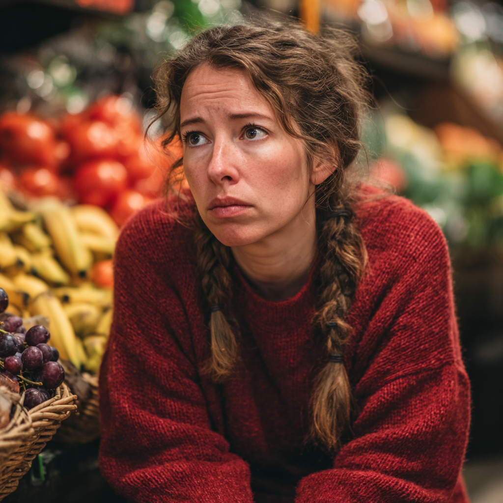 Una mujer arrodillada en una tienda | Fuente: Midjourney