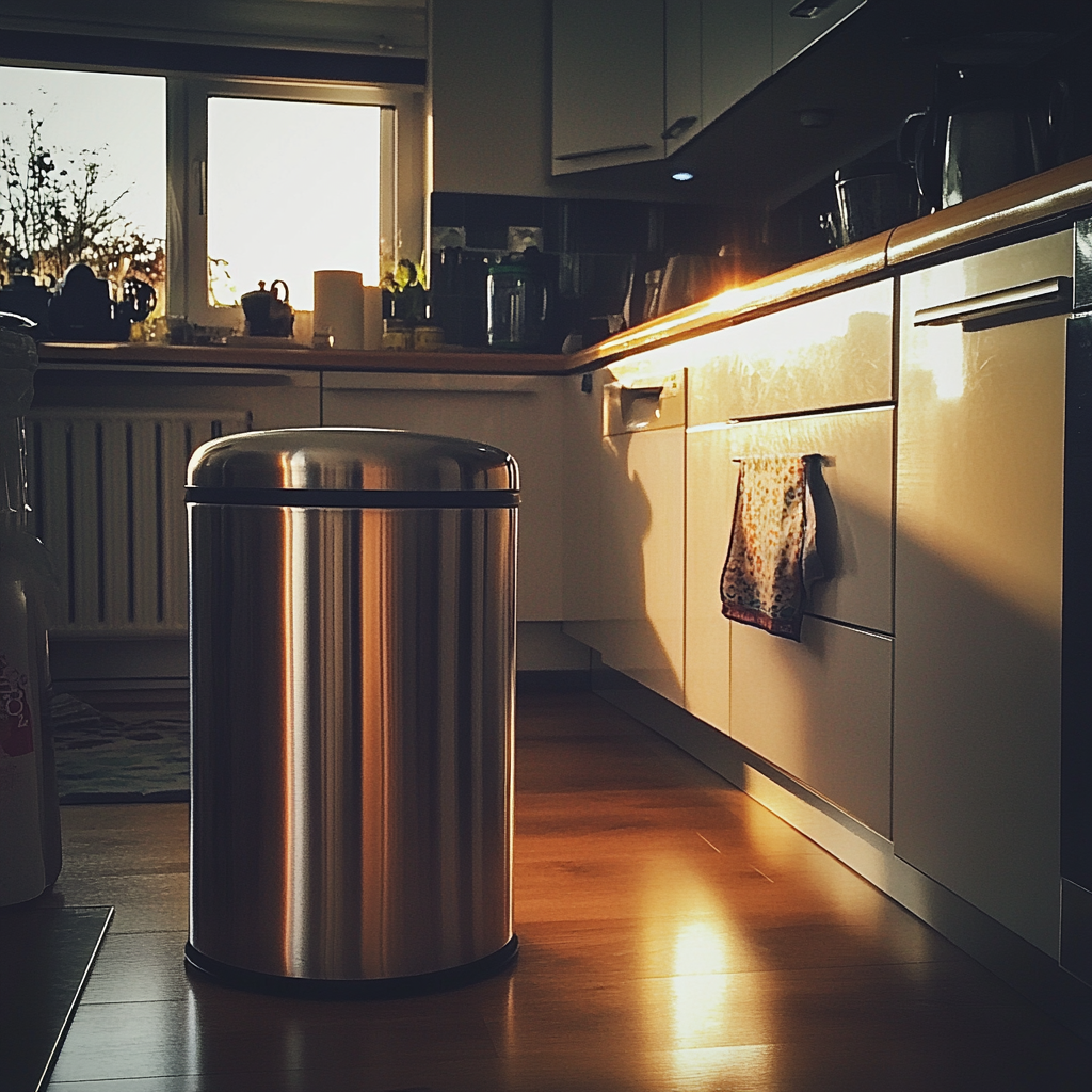 Un cubo de basura plateado en una cocina | Fuente: Midjourney