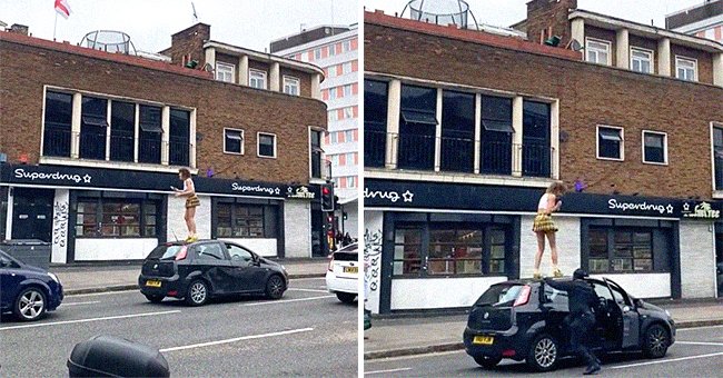 Mujer saltando sobre auto de desconocido en Londres. | Foto: Twitter/AminNumeroUno