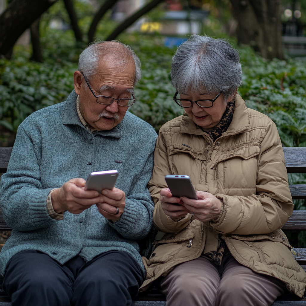 Una pareja de ancianos con sus teléfonos | Fuente: Midjourney