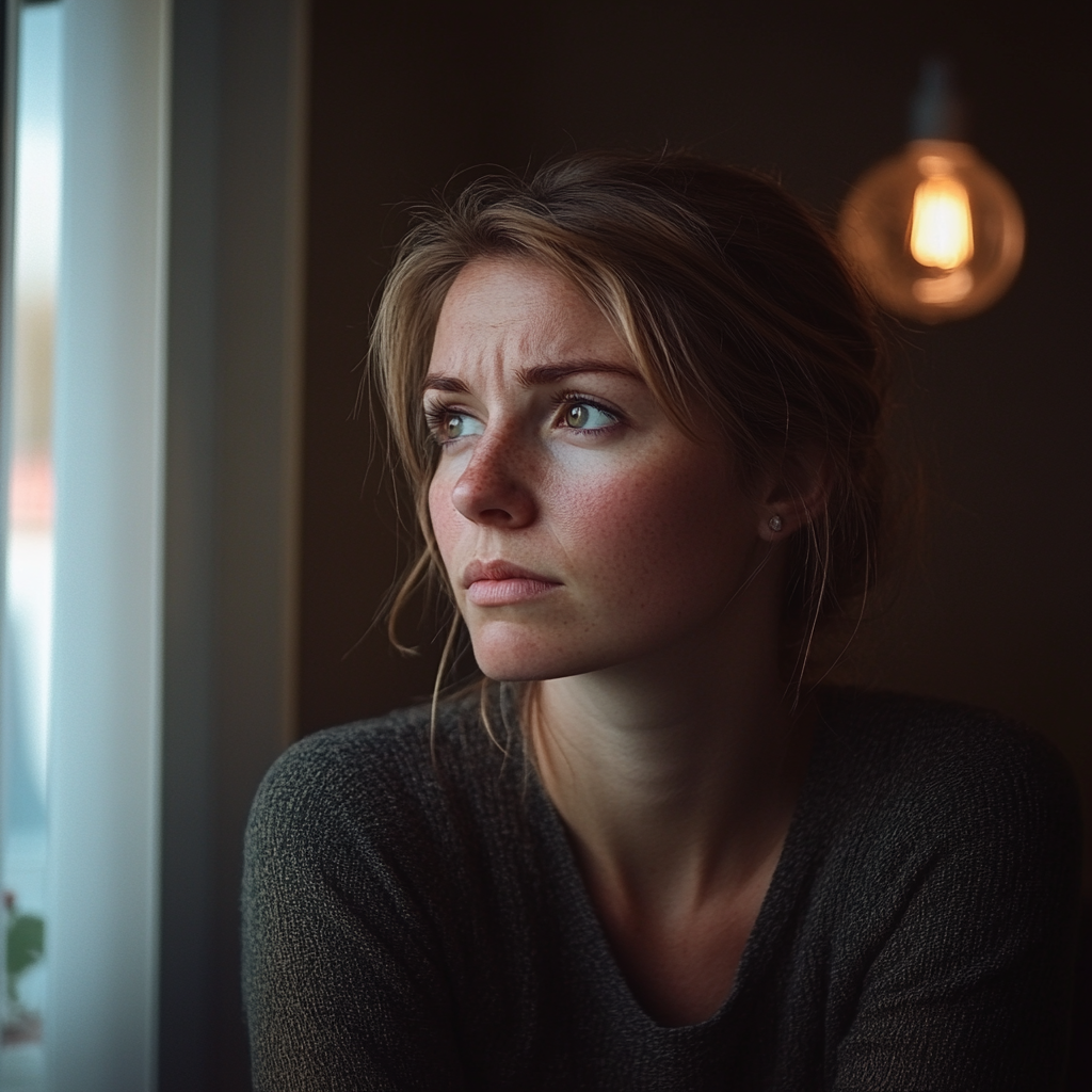 Una mujer triste y pensativa mirando por la ventana | Fuente: Midjourney