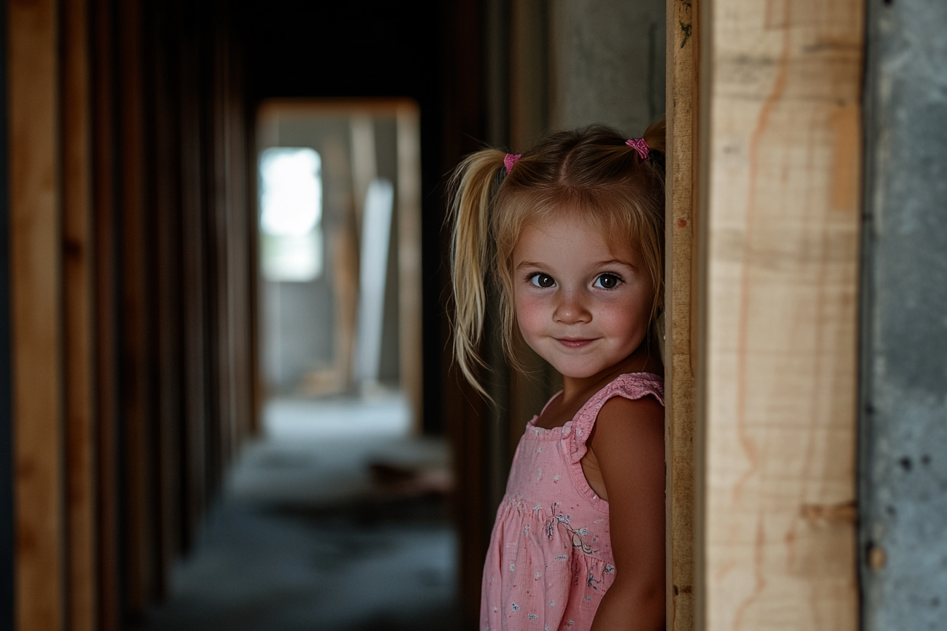 Una niña con un vestido rosa y coletas se asoma tímidamente desde un pasillo en obras | Fuente: Midjourney