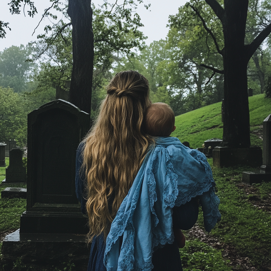 Una mujer y un bebé en un cementerio | Fuente: Midjourney