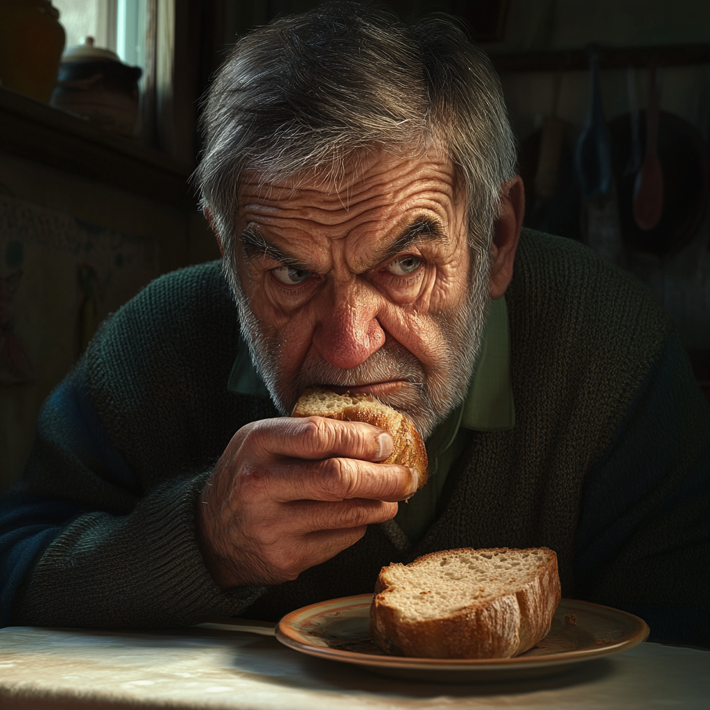 Un emocionado anciano dándose un festín con una rebanada de pan casero | Fuente: Midjourney