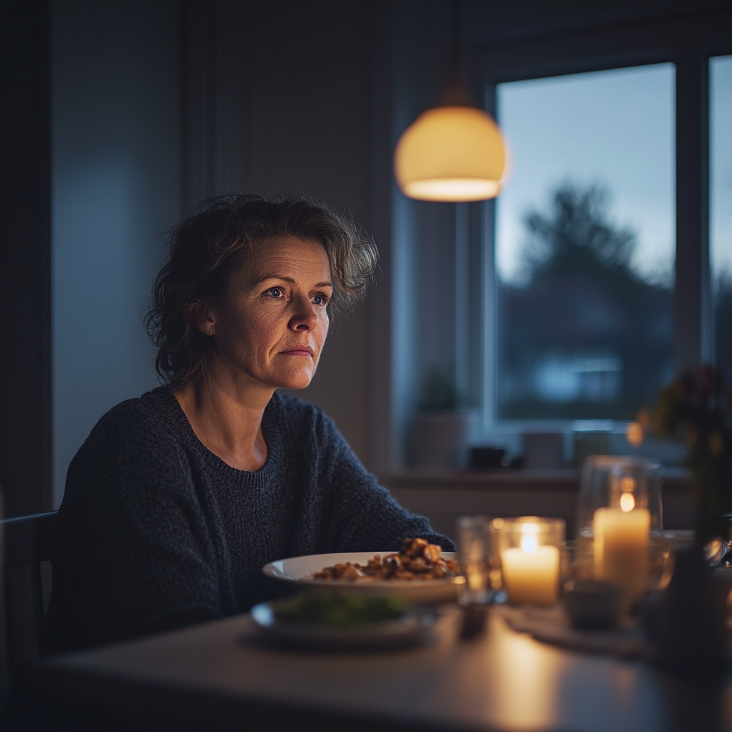 Una mujer de aspecto serio durante la cena | Fuente: Midjourney