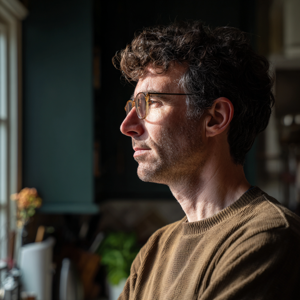 Un uomo pensieroso che guarda fuori da una finestra | Fonte: Midjourney