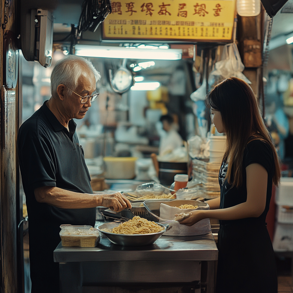 Un anciano en su tienda de fideos sirviendo a una joven | Fuente: Midjourney