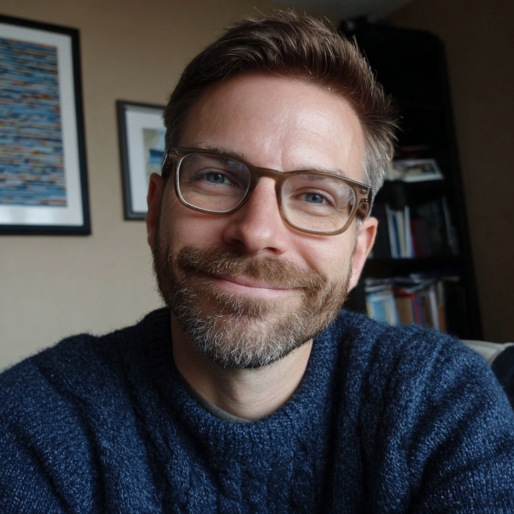 Un hombre sonriente con un jersey azul | Fuente: Midjourney