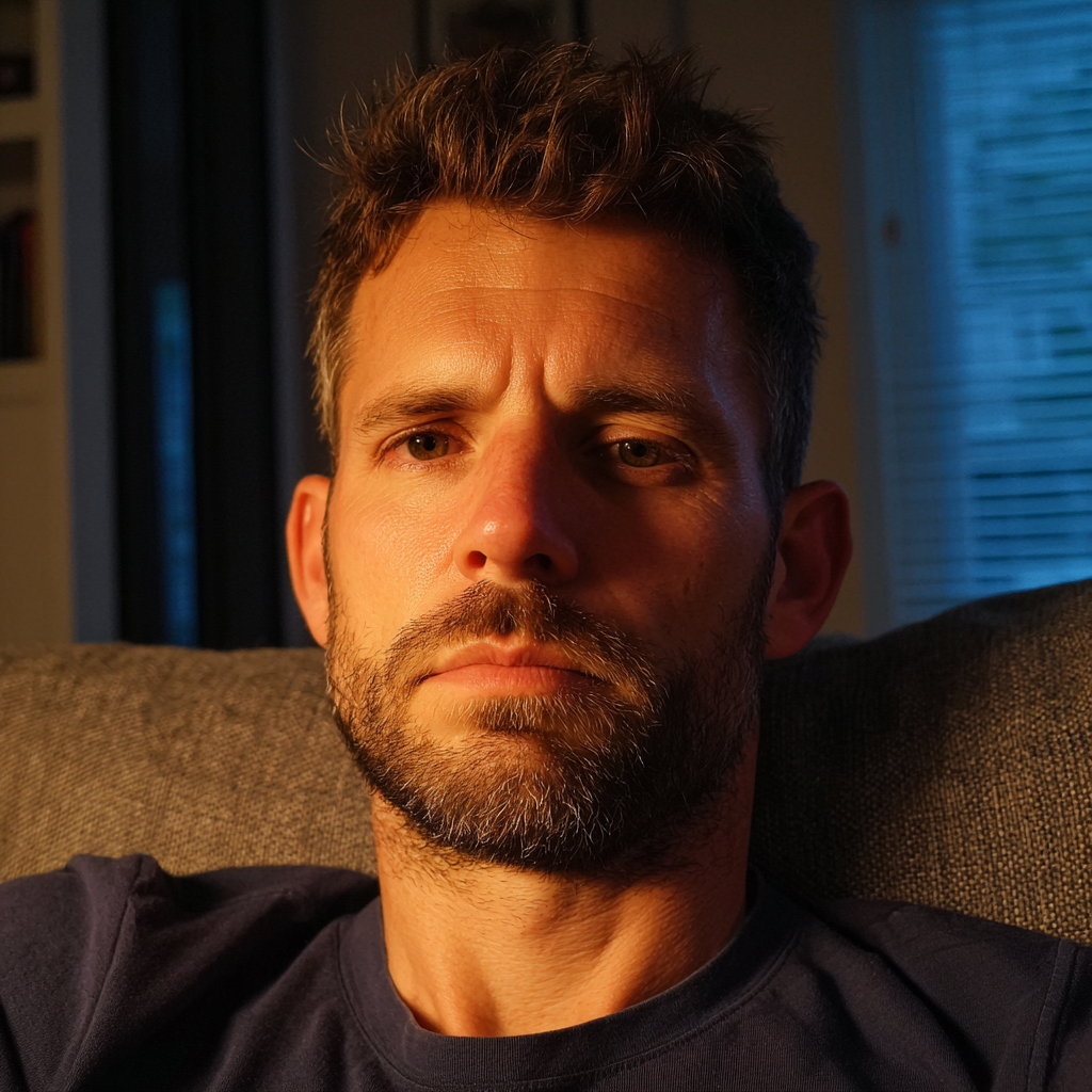 Un uomo pensieroso seduto su un divano | Fonte: Midjourney