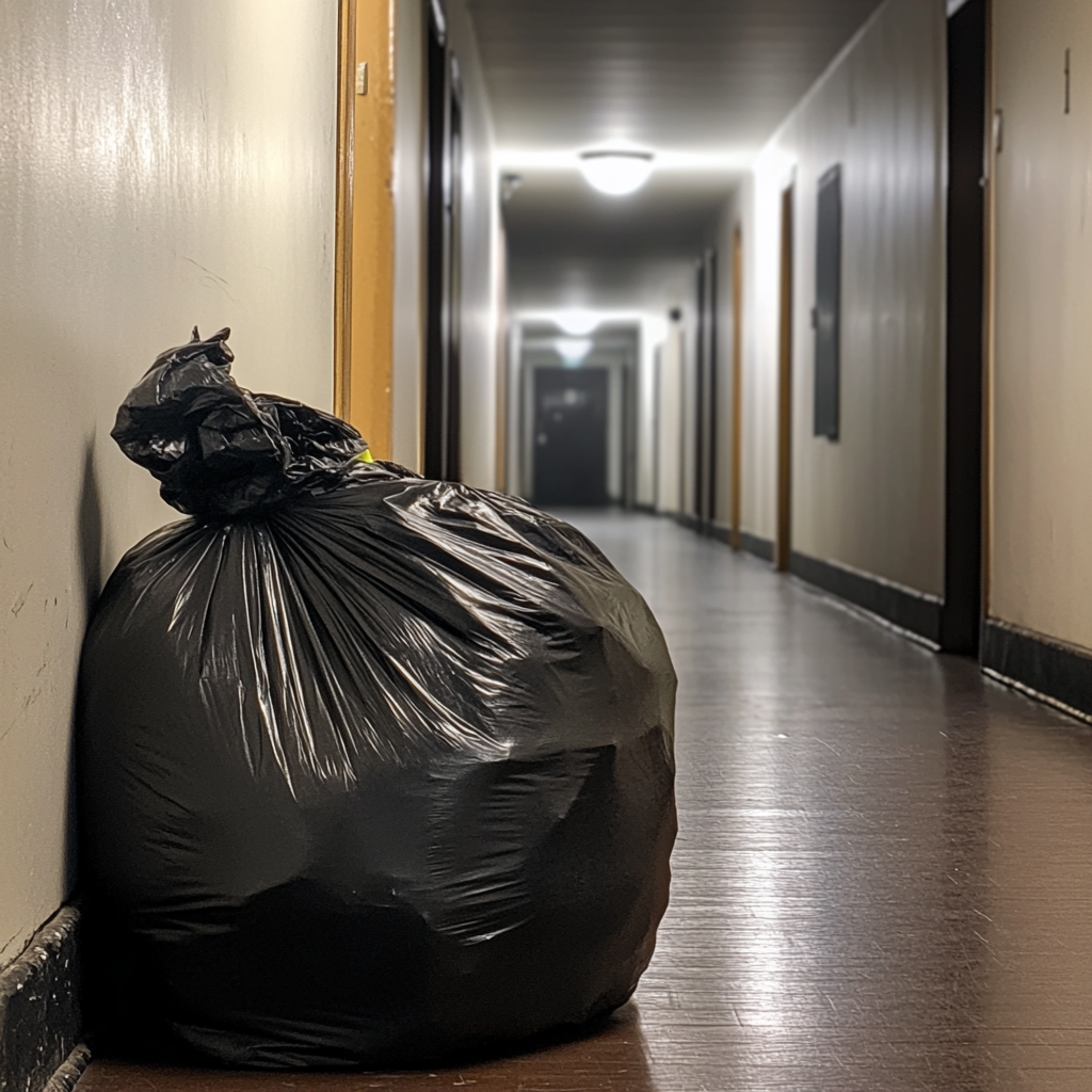 Una bolsa de basura en el pasillo de un apartamento | Fuente: Midjourney