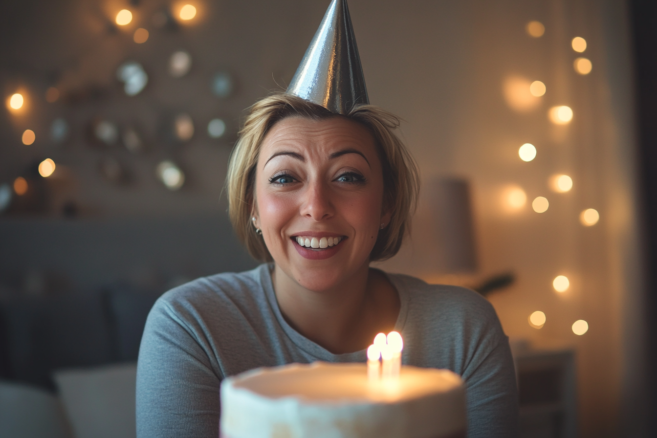 Una mujer con su pastel de cumpleaños | Fuente: Midjourney