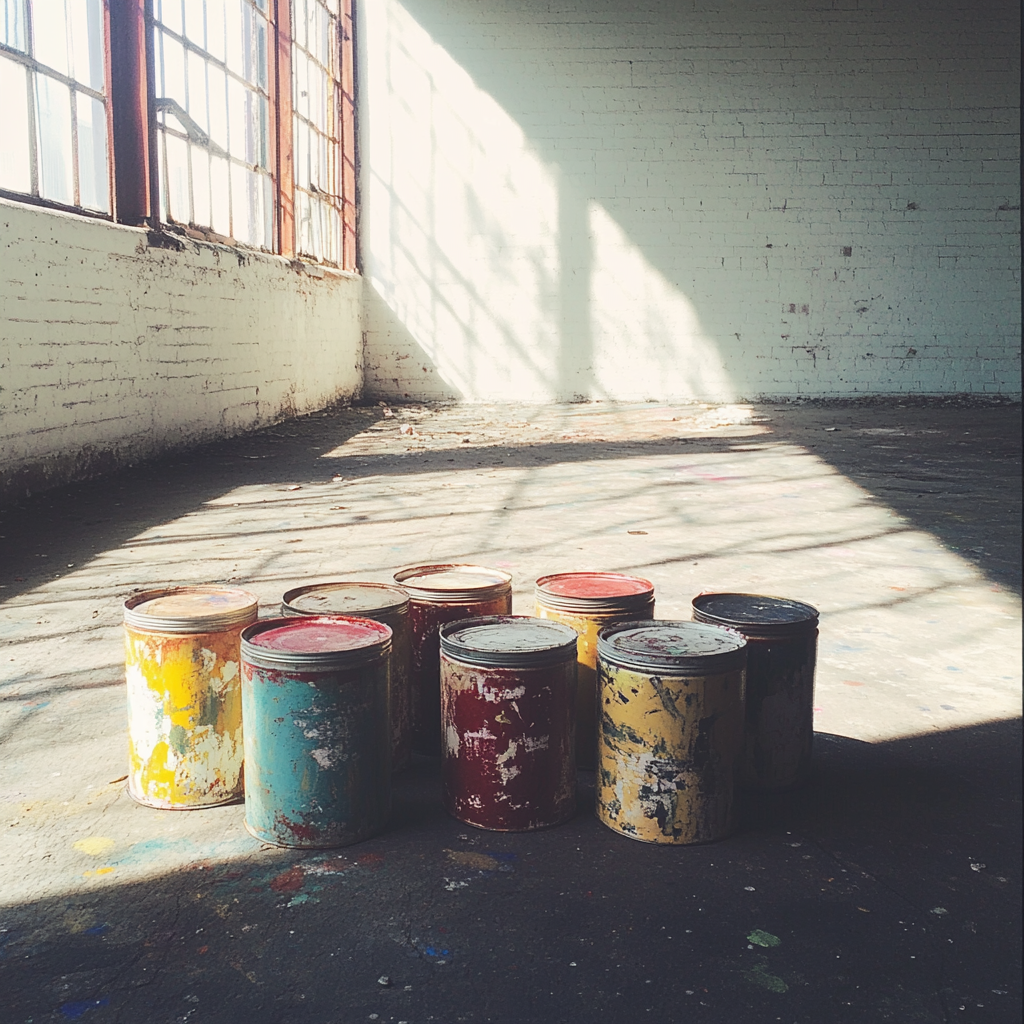 Latas de pintura en un almacén abandonado | Fuente: Midjourney