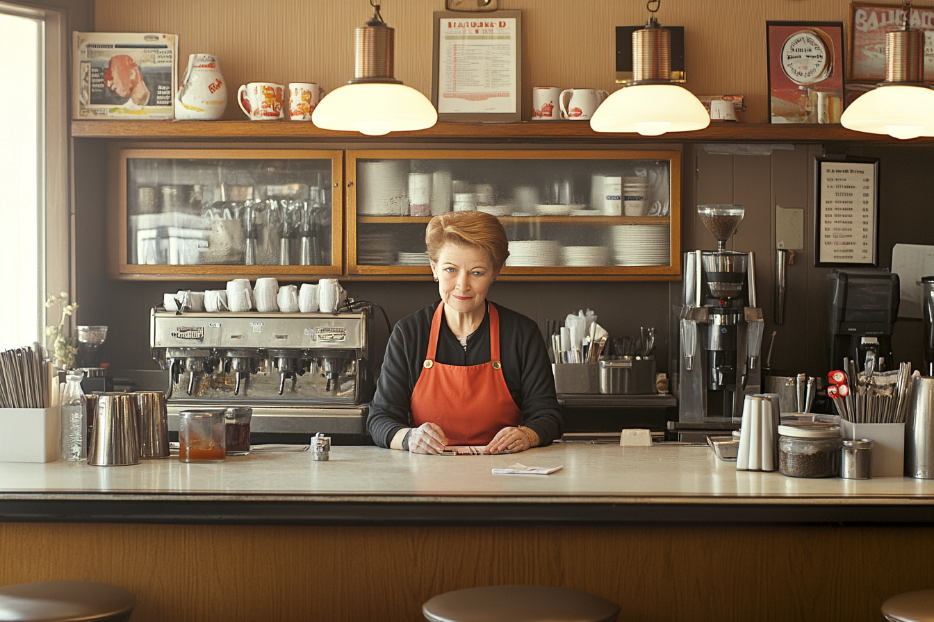 Una mujer madura trabajando en una cafetería | Fuente: Midjourney