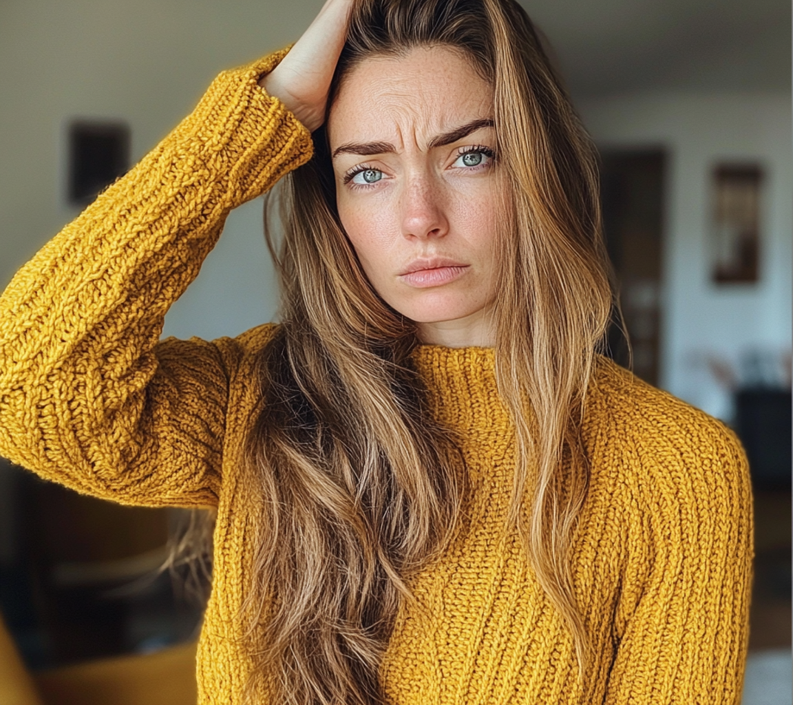 Una mujer alterada con la mano en la cabeza | Fuente: Midjourney