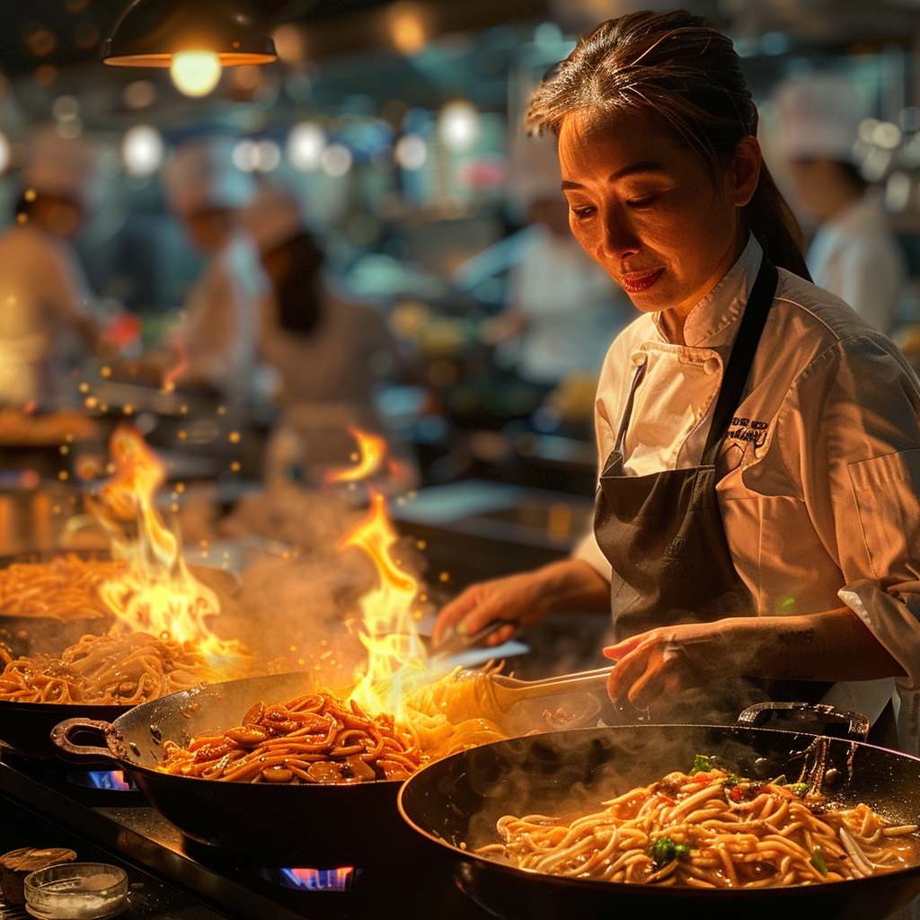 Chef asiática de mediana edad cocinando en el restaurante | Foto: Midjourney