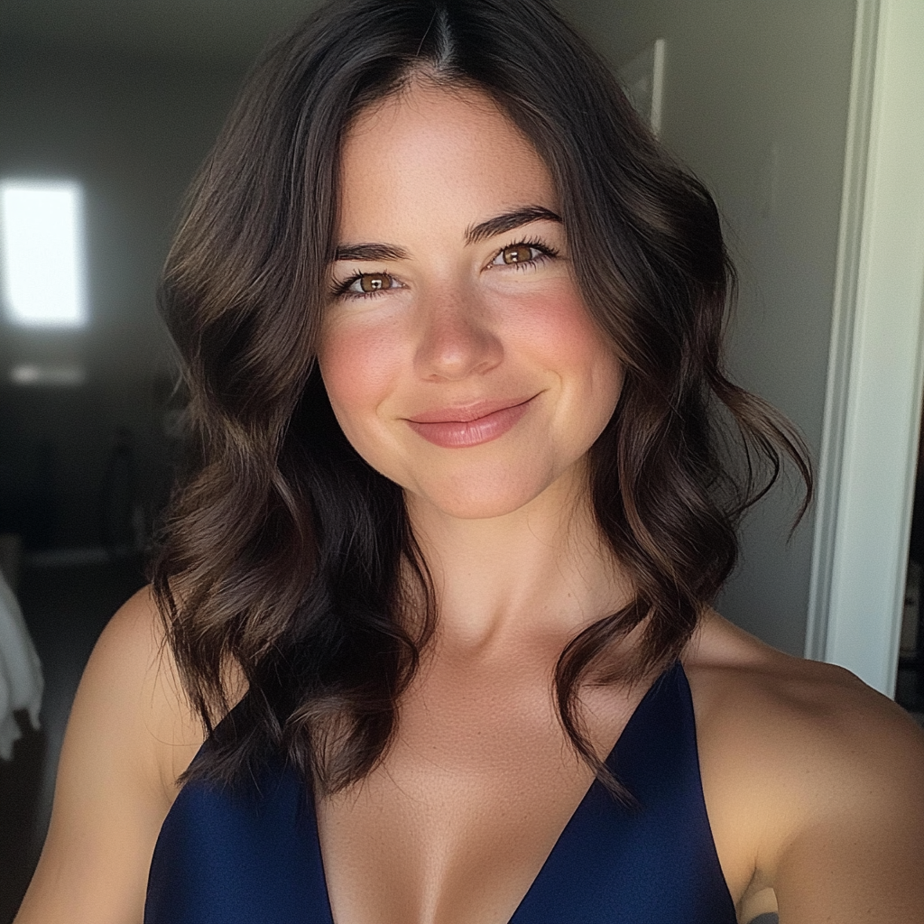 Una mujer sonriente con un vestido azul marino | Fuente: Midjourney
