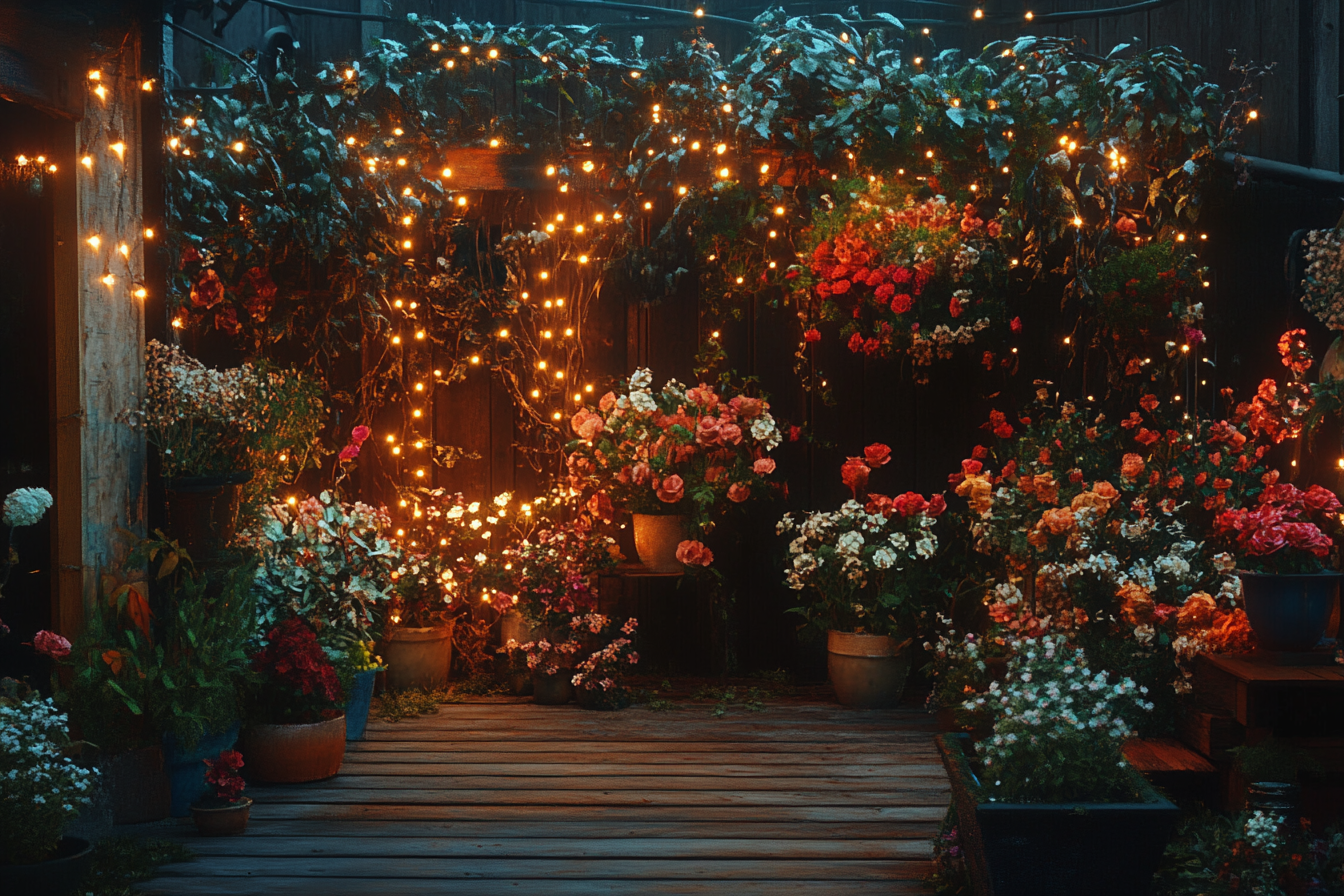 Un patio trasero decorado con flores y luces parpadeantes | Fuente: Midjourney