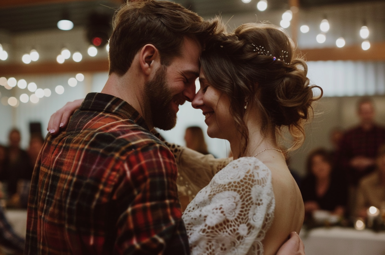 Un hombre vestido informalmente bailando con la novia en una recepción | Fuente: MidJourney