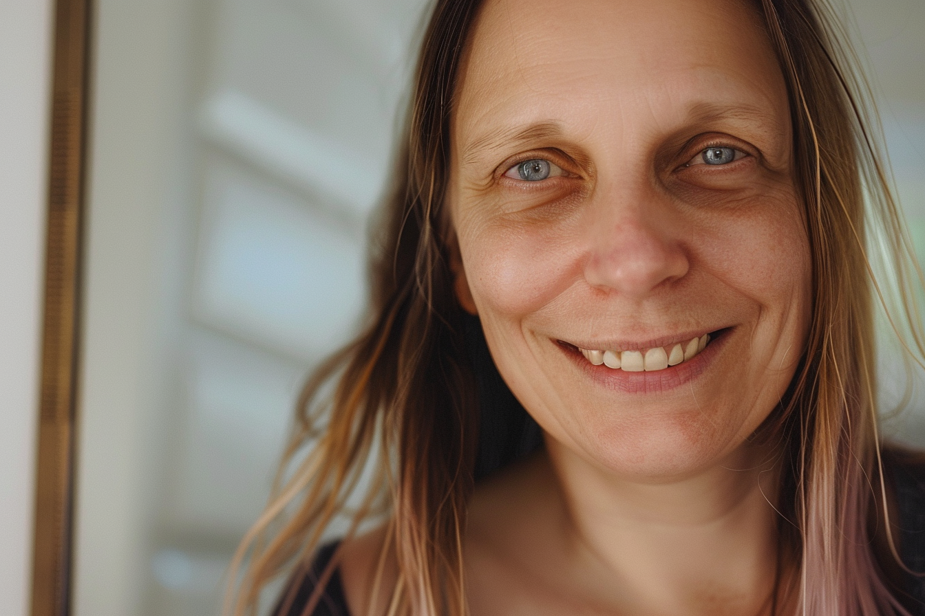 Una mujer sonriente en el interior de un cuarto de baño | Fuente: Midjourney