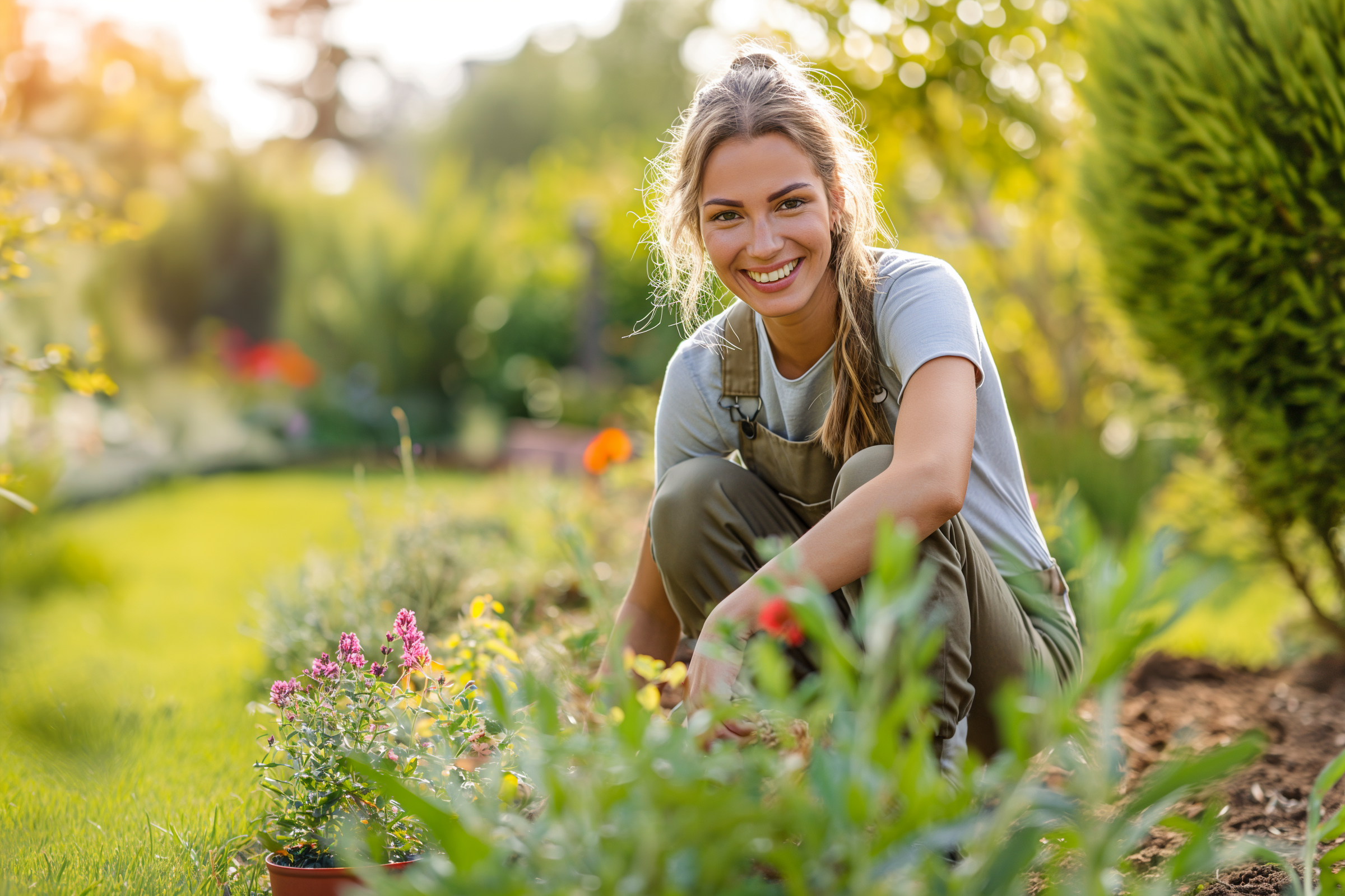 Una mujer sonriente en su jardín | Fuente: Midjourney