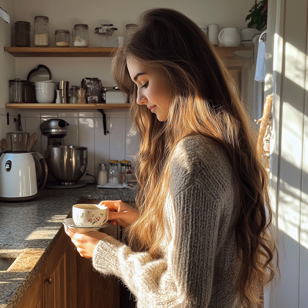 Una adolescente con una taza de té en la mano | Fuente: Midjourney