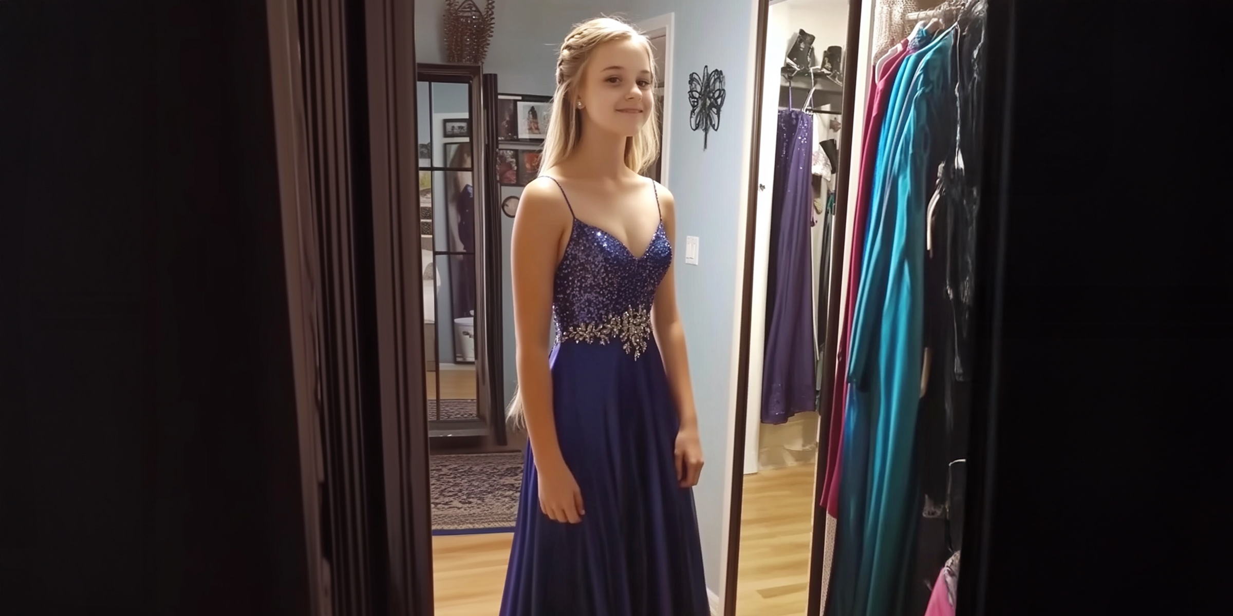 Adolescente con un vestido azul brillante, sonriendo ante un espejo | Fuente: Getty Images