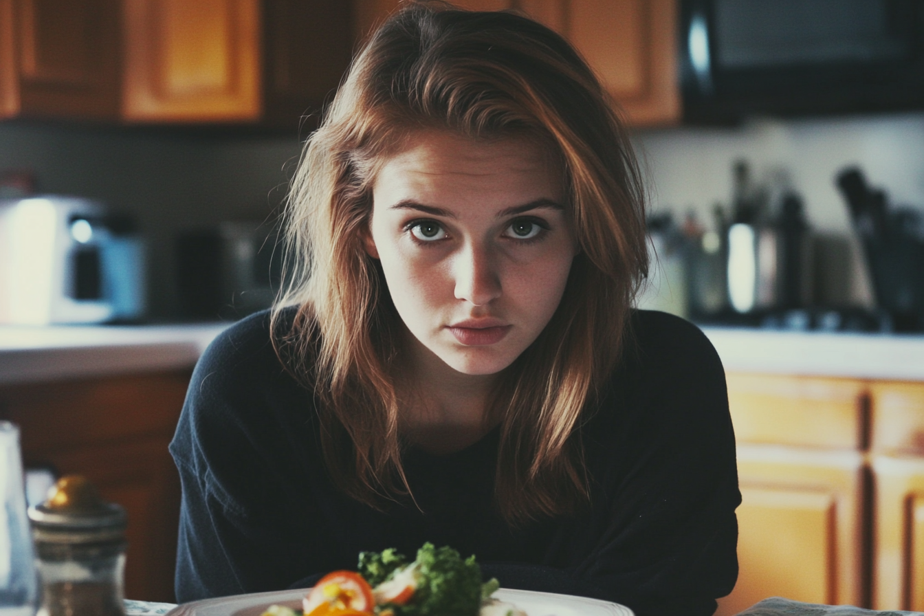 Una mujer tensa sentada a la mesa | Fuente: Midjourney