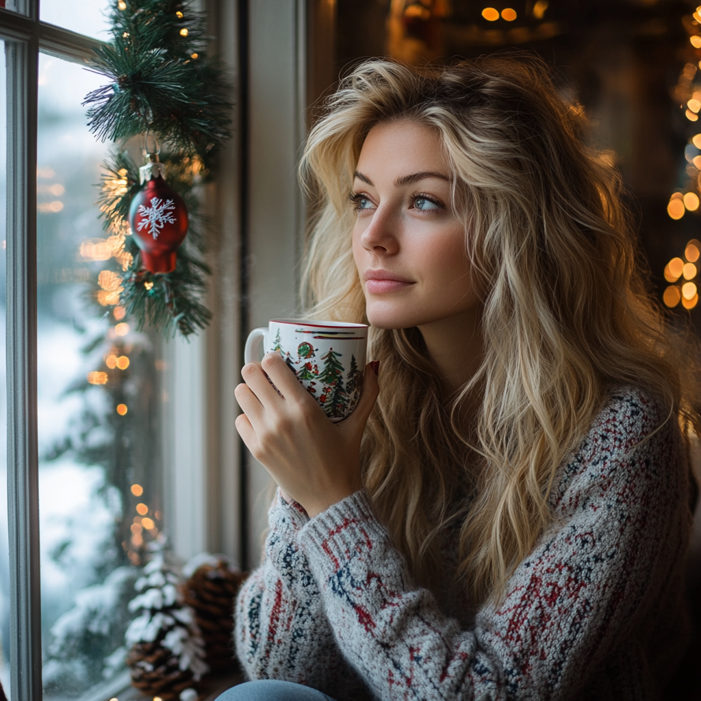 Una mujer bebiendo café y mirando por la ventana el día de Navidad | Fuente: Midjourney