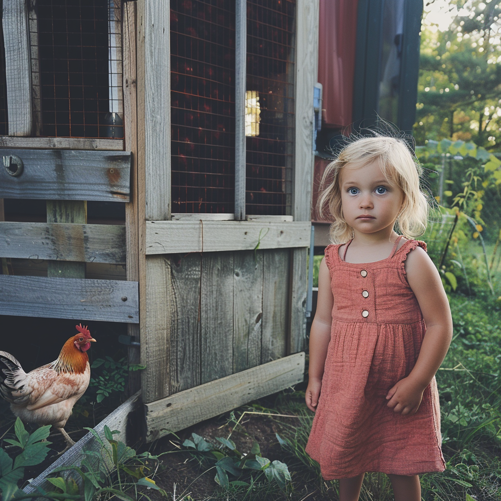Una niña junto a un gallinero | Fuente: Midjourney