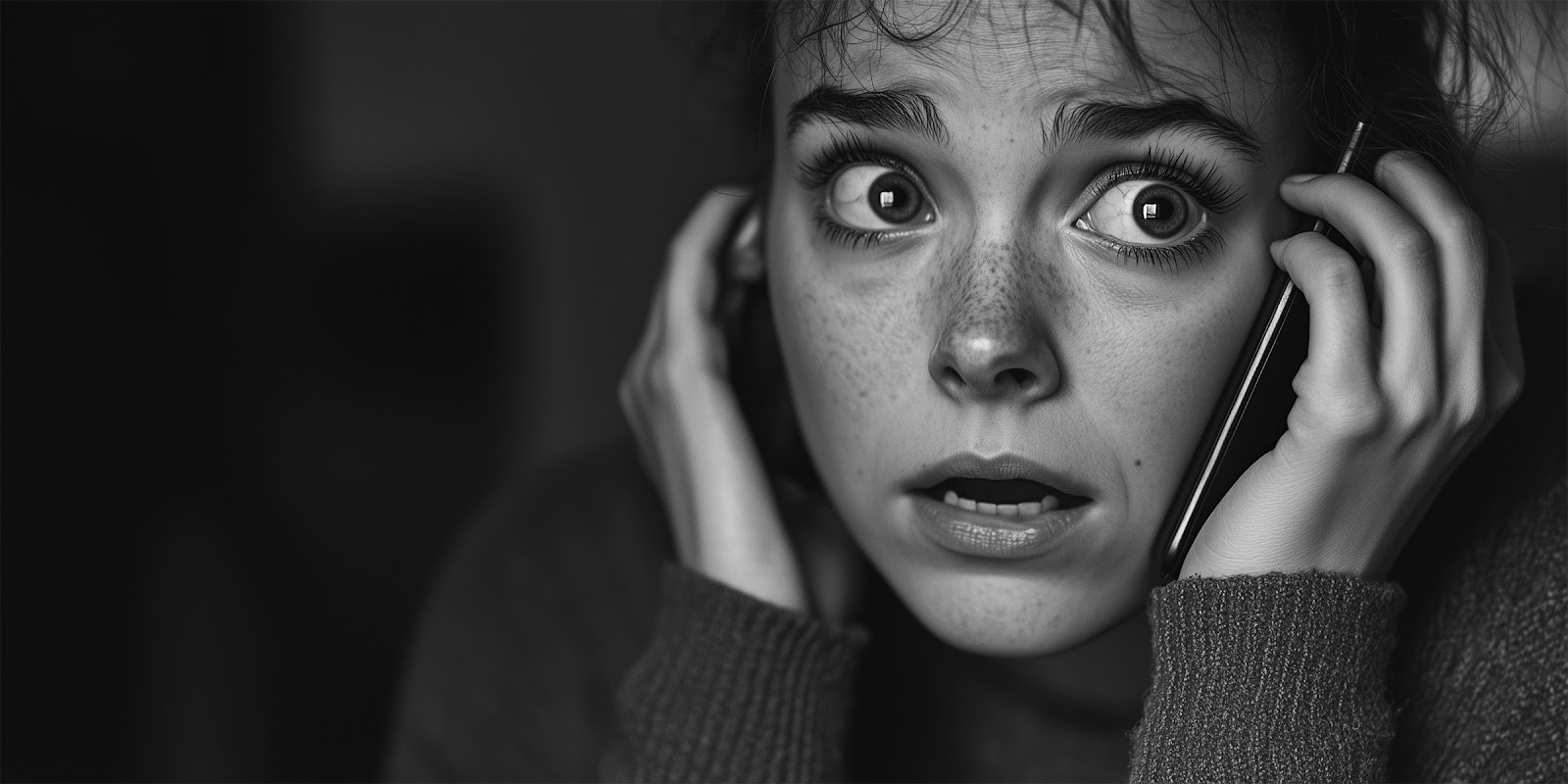 Una mujer asustada al teléfono | Fuente: Midjourney