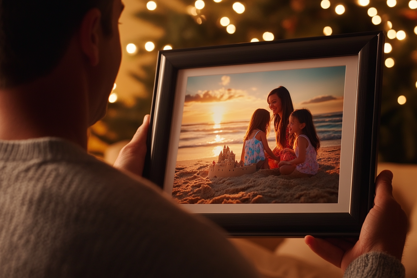 Un hombre con una foto enmarcada de su mujer y sus hijos | Fuente: Midjourney