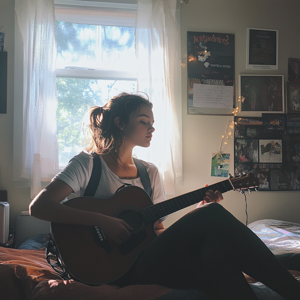 Una adolescente sentada en su habitación y cantando | Fuente: Midjourney