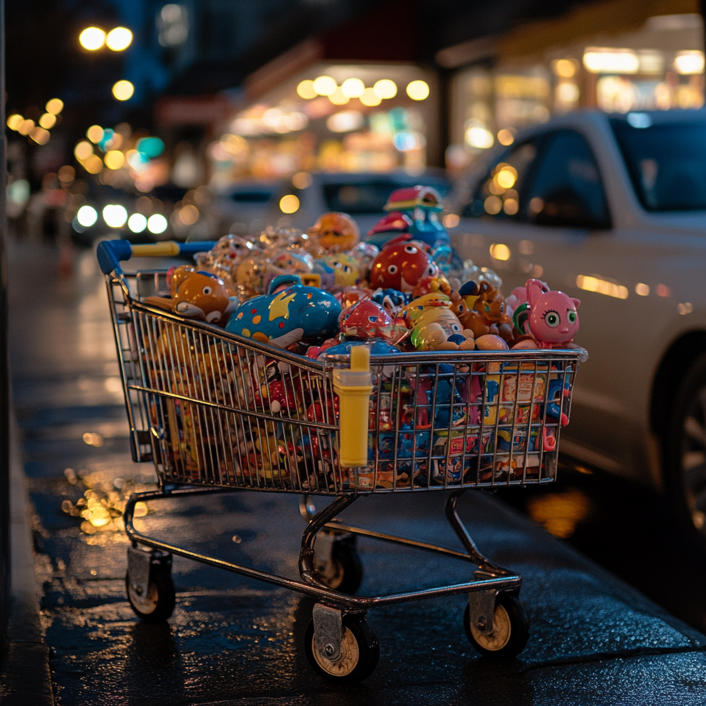 Un carro de la compra lleno de juguetes para niños | Fuente: Midjourney