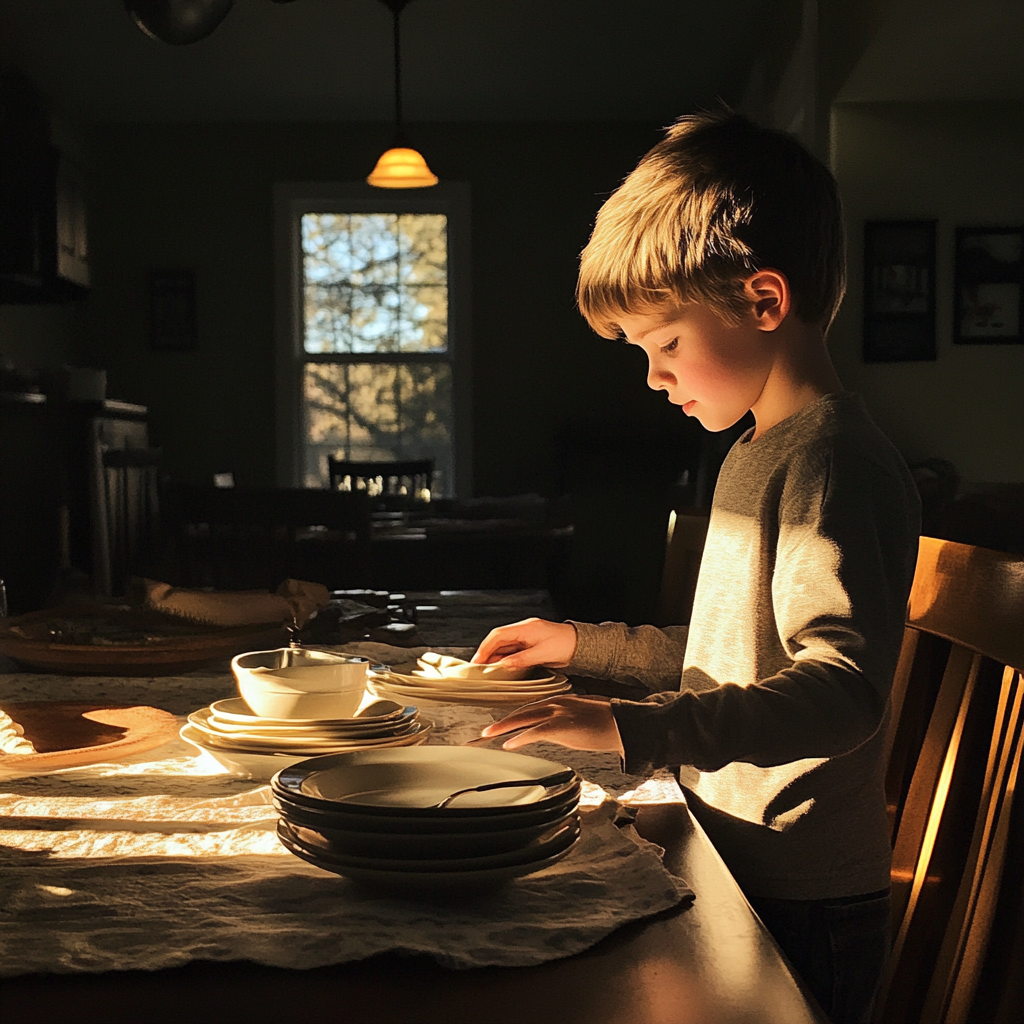 Un niño poniendo la mesa | Fuente: Midjourney