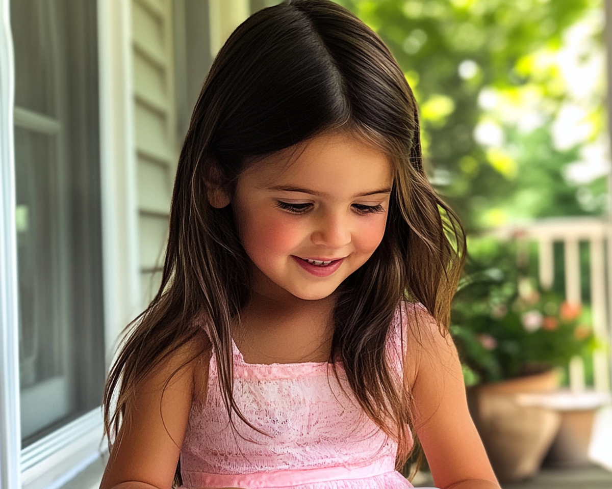 Una niña sonriente con un vestido rosa | Fuente: Midjourney