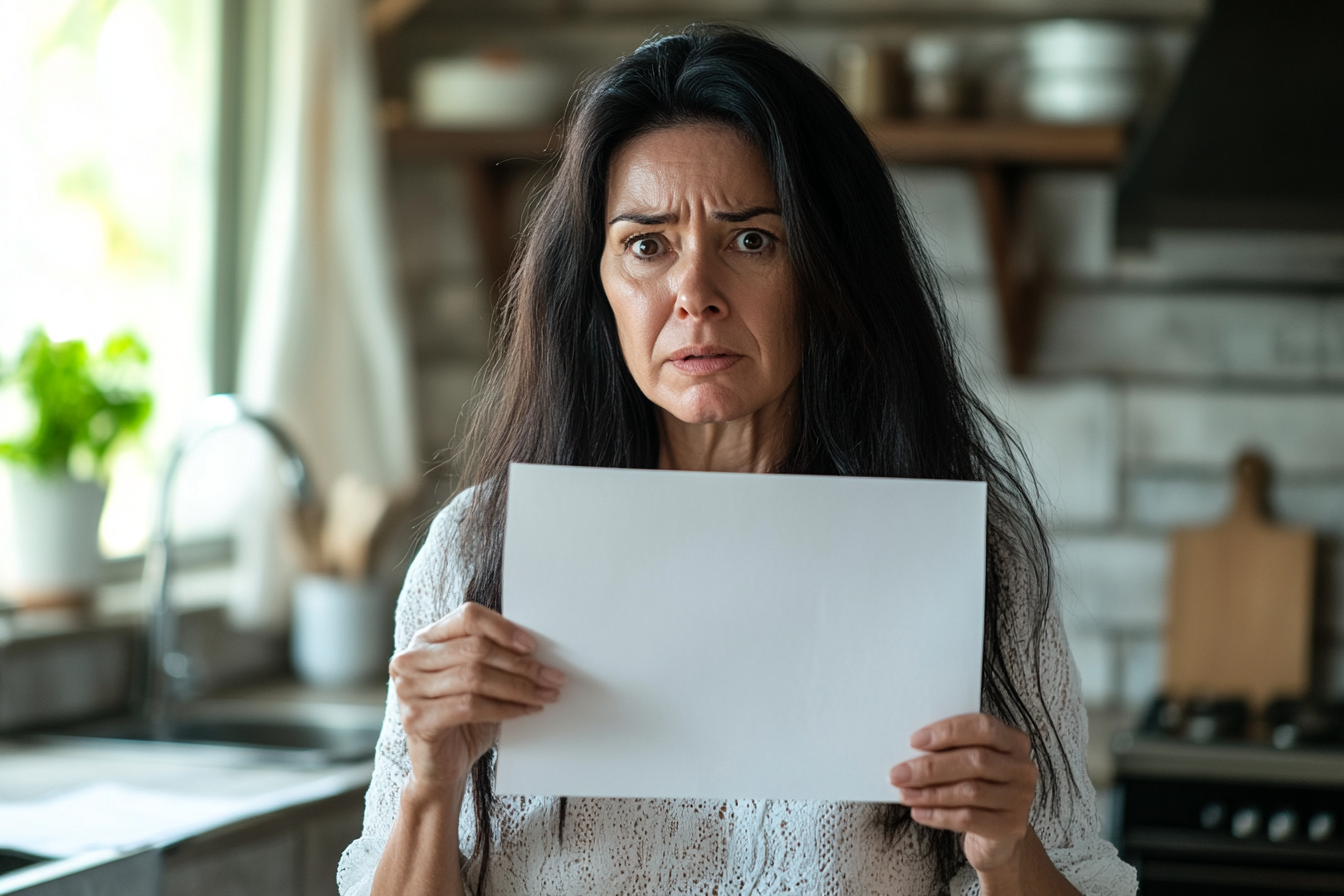 Una mujer con el corazón roto en una cocina sujetando una hoja de papel | Fuente: Midjourney