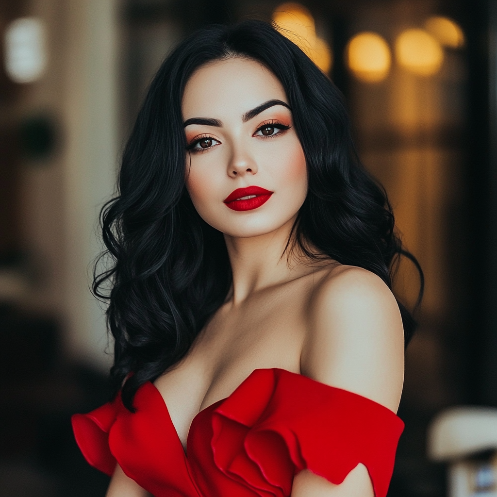 Una mujer con un impresionante vestido rojo y maquillaje | Fuente: Midjourney