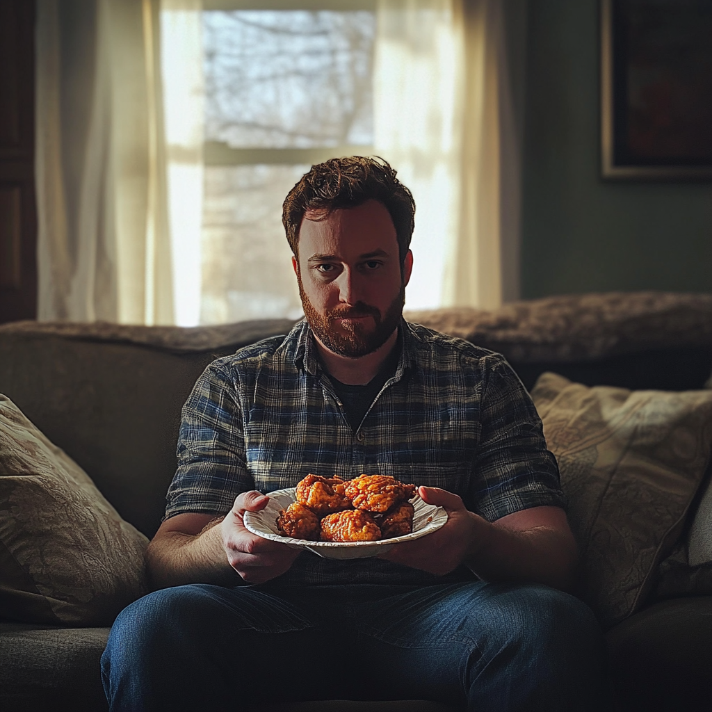 Un hombre sosteniendo un plato de pollo frito | Fuente: Midjourney