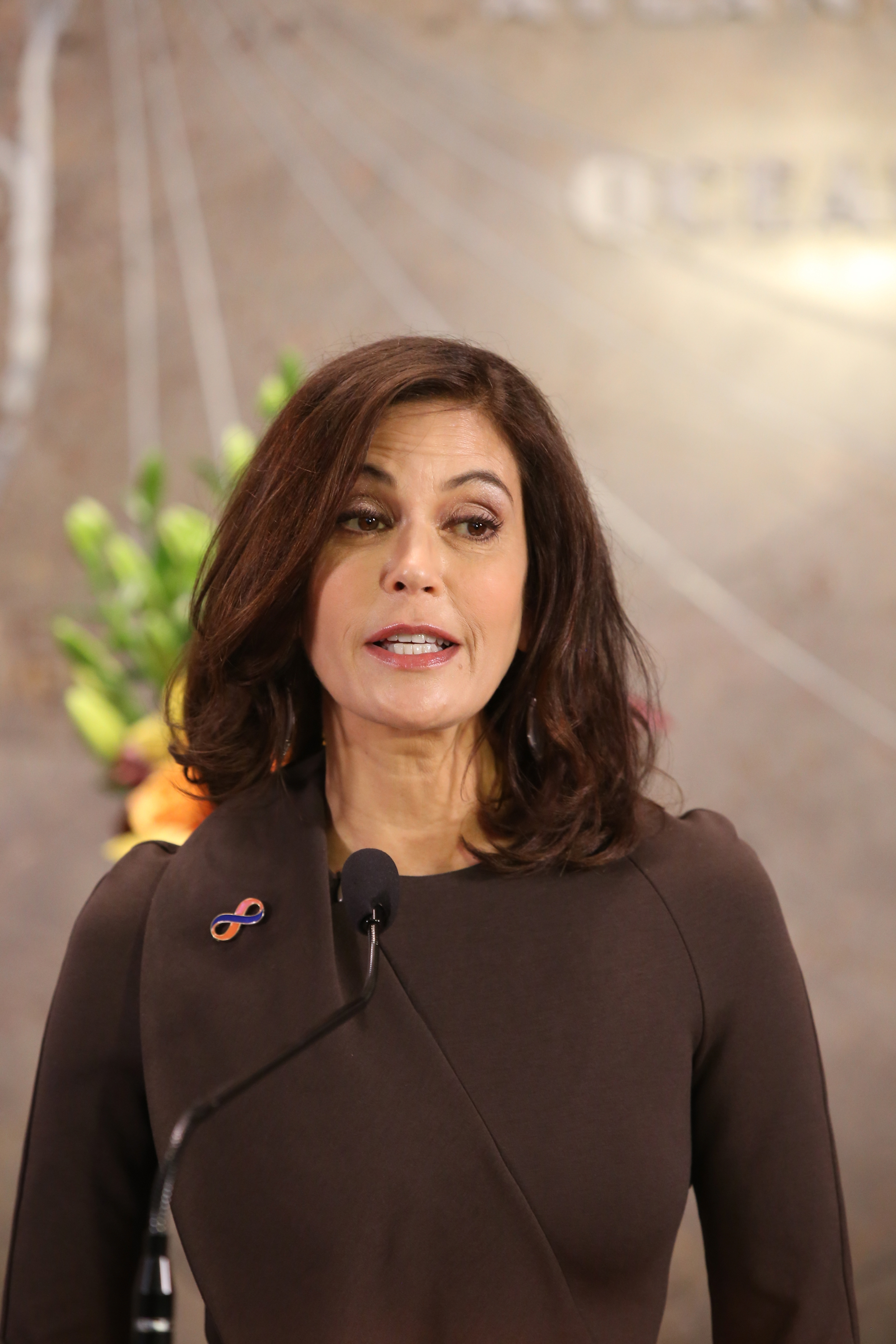 Teri Hatcher habla en el escenario del Empire State Building naranja en una ceremonia especial el 24 de noviembre de 2014 en Nueva York | Fuente: Getty Images