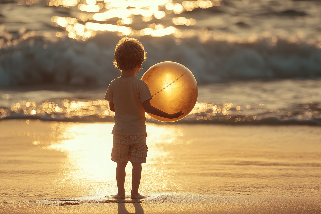 Un niño de pie en la playa y sujetando una pelota | Fuente: Midjourney