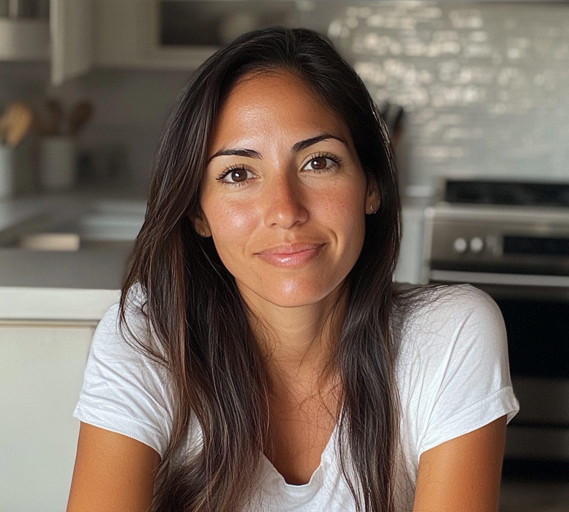Una mujer sentada en la encimera de la cocina | Fuente: Midjourney