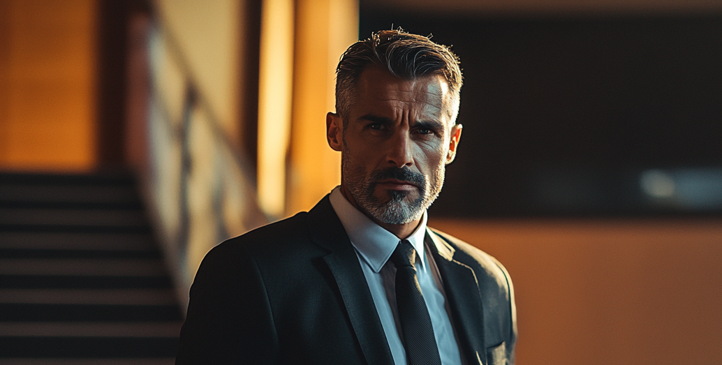 Un hombre en un auditorio, con aspecto serio | Fuente: Midjourney